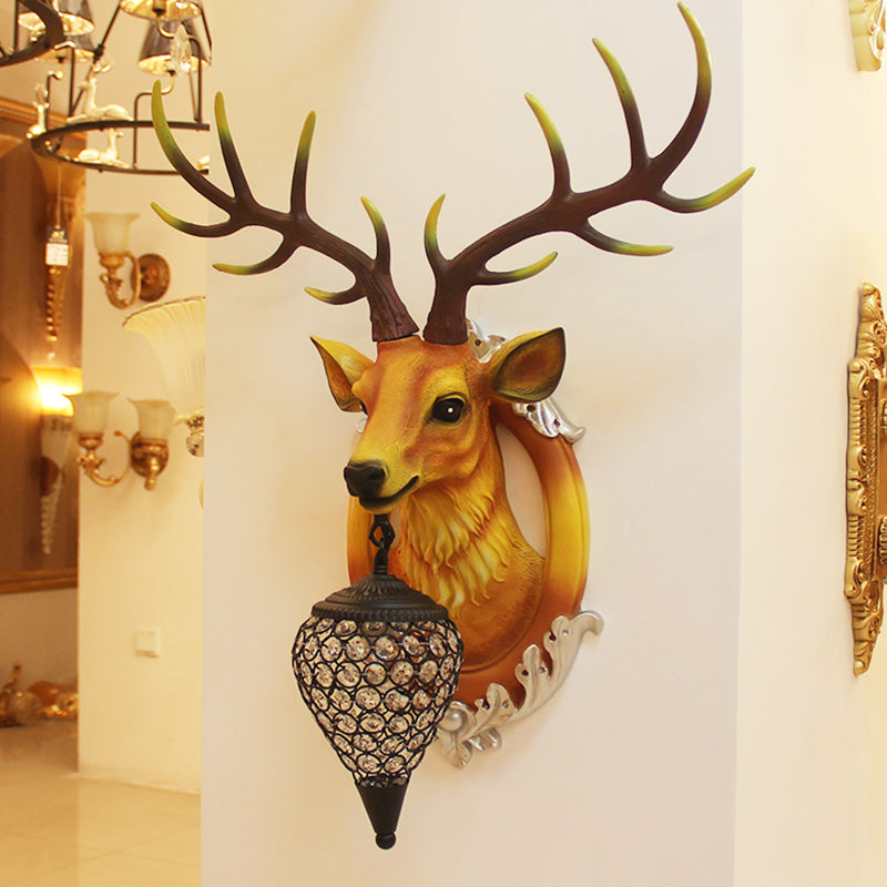 Farmhouse Style Brown Faux Deer Head Sconce Lamp - 16/21 Wide Wall Mounted With Crystal Shade