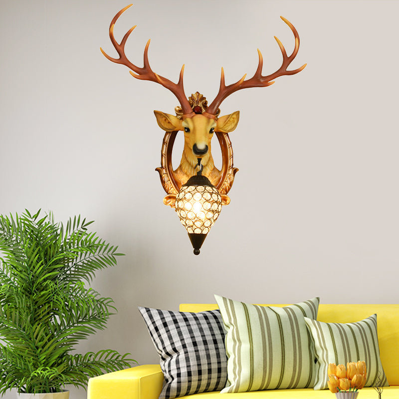 Gridded Raindrop Sconce Wall Mounted Lamp With Deer Resin Accent Countryside White/Yellow Crystal