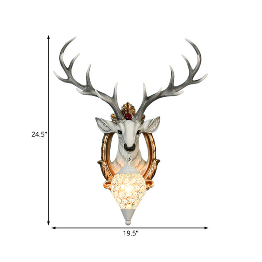 Gridded Raindrop Sconce Wall Mounted Lamp With Deer Resin Accent Countryside White/Yellow Crystal