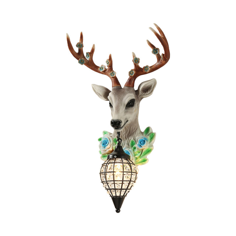 Elk Head Farmhouse Sconce: 1-Light Black & White Resin Wall Lamp With Flower Detail And Raindrop