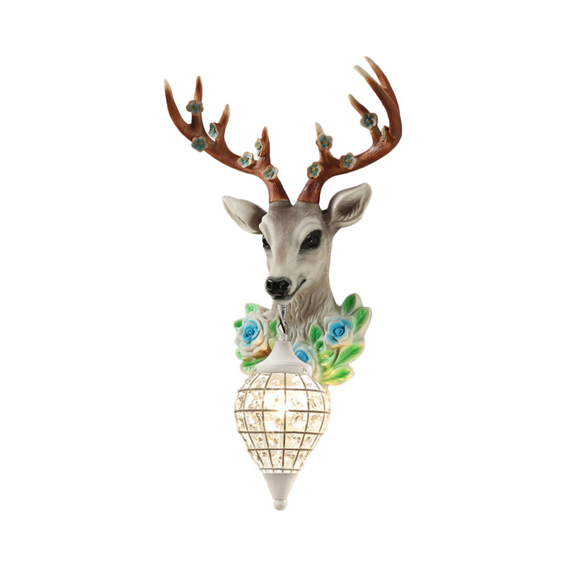 Elk Head Farmhouse Sconce: 1-Light Black & White Resin Wall Lamp With Flower Detail And Raindrop