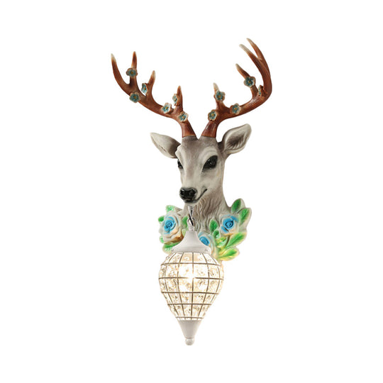 Elk Head Farmhouse Sconce: 1-Light Black & White Resin Wall Lamp With Flower Detail And Raindrop