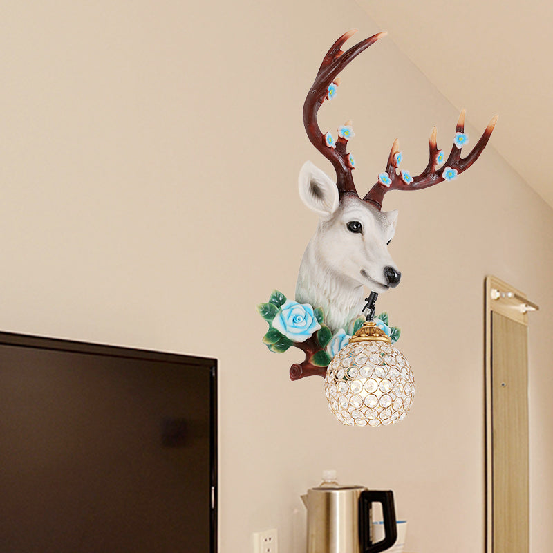Elk Head Wall Sconce With Crystal Globe Shade Rustic White/Wood Finish And Flower Designs