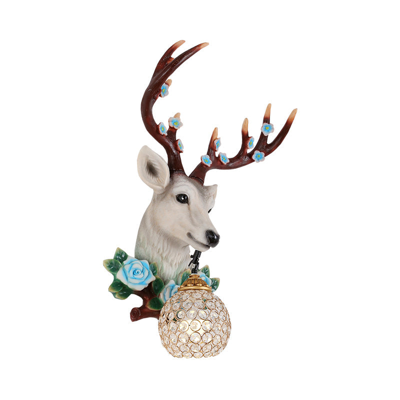 Elk Head Wall Sconce With Crystal Globe Shade Rustic White/Wood Finish And Flower Designs