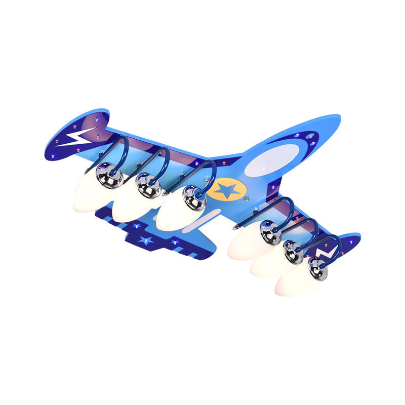 Blue Wood Jet Ceiling Light Fixture With 6 Cartoon Bulbs - Perfect For Child’s Room