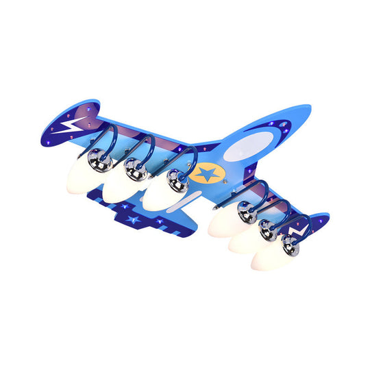 Blue Wood Jet Ceiling Light Fixture With 6 Cartoon Bulbs - Perfect For Child’s Room