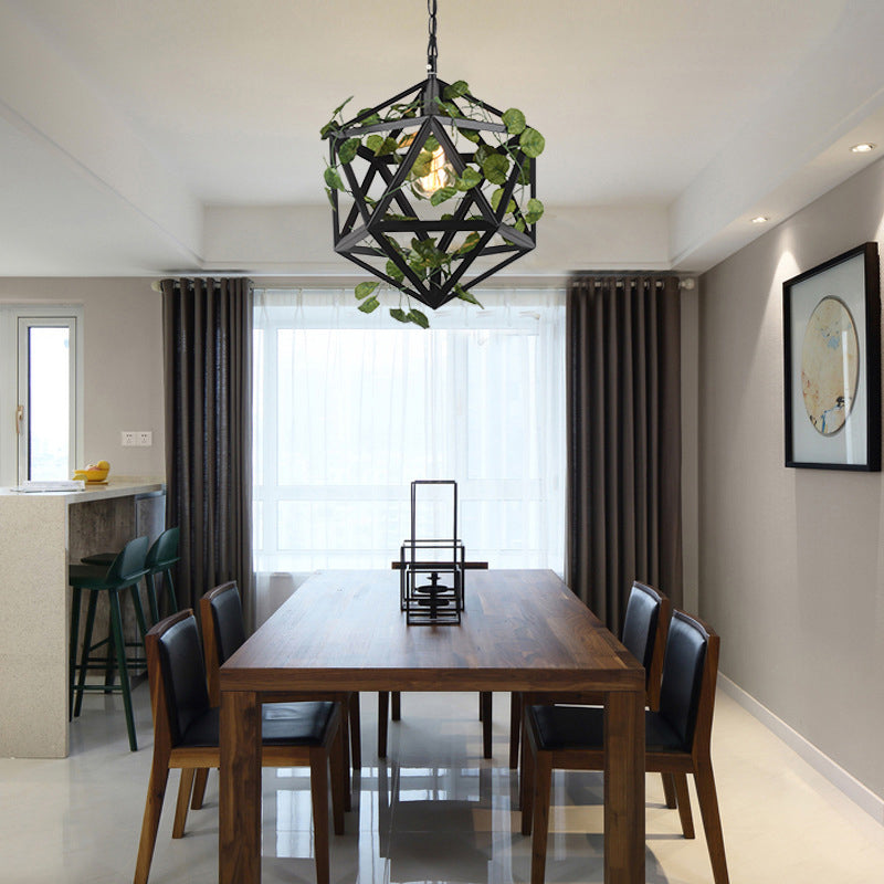 Modern Metal Geometric Pendant Light With Fake Vine Ideal For Restaurants Ceiling Mount Black Finish