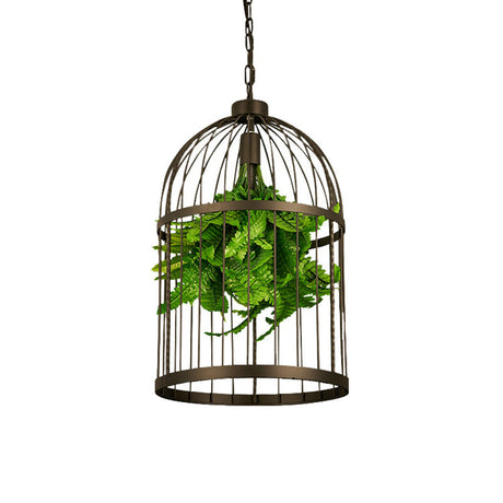 Industrial Black Iron Birdcage Pendant Lamp With Single Bulb And Artificial Plant Décor