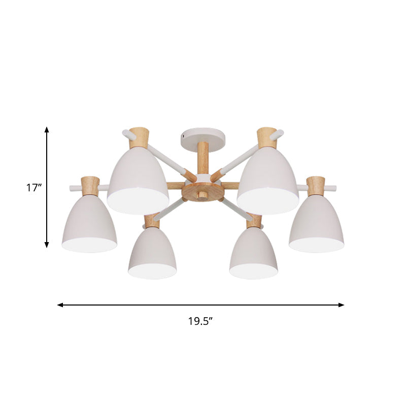 Nordic Bell Shaped Hanging Light Chandelier With Wood Accent - 6 Bulbs White