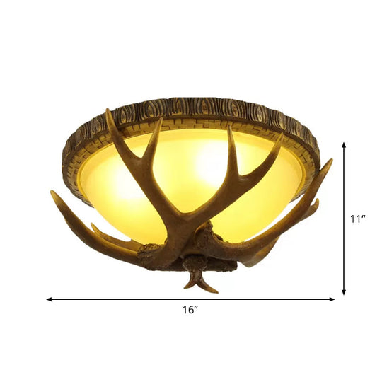 Brown Antler Ceiling Flush Light - Lodge Resin 3 - Bulb Kitchen Mount Lamp With Frosted Glass Shade