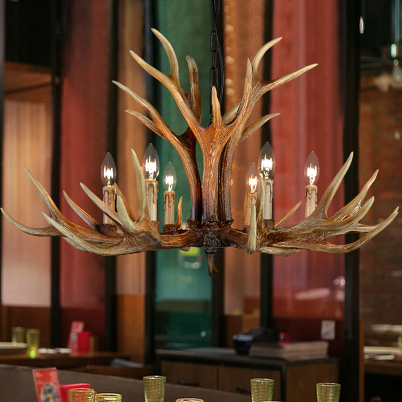 Rustic Countryside Stag Antler Chandelier - 6/8/10 Lights Pendant Fixture In Brown Resin For