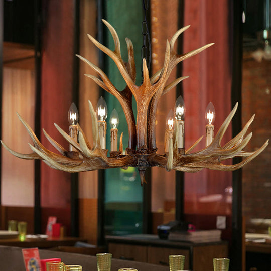 Rustic Countryside Stag Antler Chandelier - 6/8/10 Lights Pendant Fixture In Brown Resin For