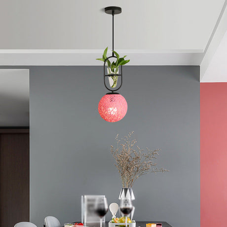 Macaron 1-Head Rattan Hanging Ceiling Light In Beige/Red/Pink With Plant Pot - Kitchen Pendant Pink