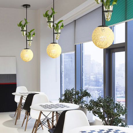 Macaron 1-Head Rattan Hanging Ceiling Light In Beige/Red/Pink With Plant Pot - Kitchen Pendant Beige