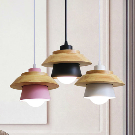 Macaron Single Pink/Grey/Green Wood Pendant Lamp Kit - 2-Shade Iron Hanging Fixture