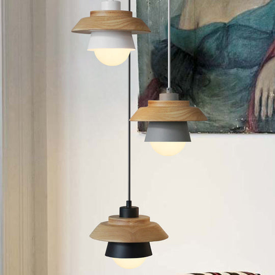 Macaron Single Pink/Grey/Green Wood Pendant Lamp Kit - 2-Shade Iron Hanging Fixture