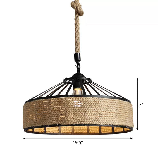 Rustic Rope Hanging Pendant Light Fixture For Dining Room With Barn Caged Design - Brown 1-Light