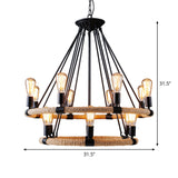 Rustic Circle Rope Chandelier With 6/8/14 Bulbs In Black And Brown By Factory