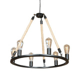 Black Iron Hanging Chandelier With Rope Cord - Loft Style 6-Head Design