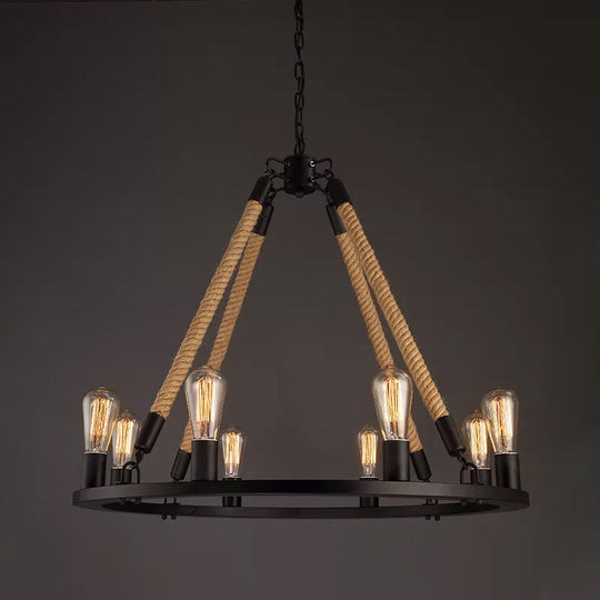Industrial Hemp Rope Wagon Wheel Chandelier With 6/8 Black Pendant Lights For Living Room Ceiling