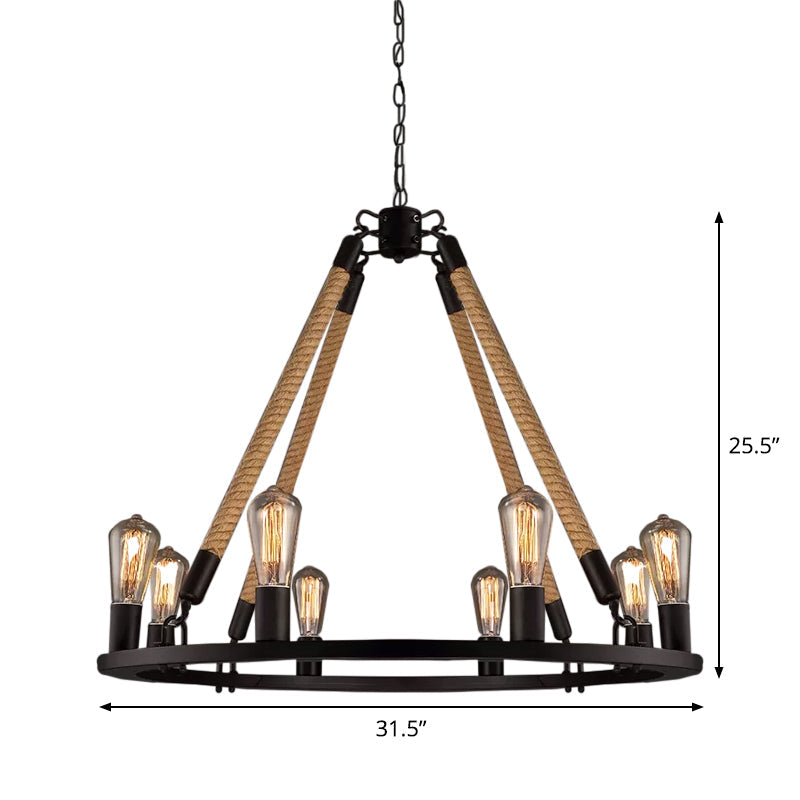 Industrial Hemp Rope Wagon Wheel Chandelier With 6/8 Black Pendant Lights For Living Room Ceiling