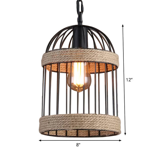 Country Style Brown Cage Pendulum Light With Roped Cloche - Perfect For Snack Bars