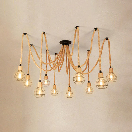 Rustic Rope Pendant Light With Spherical Cage - 6/10 Lights Brown Bistro Swag Lamp