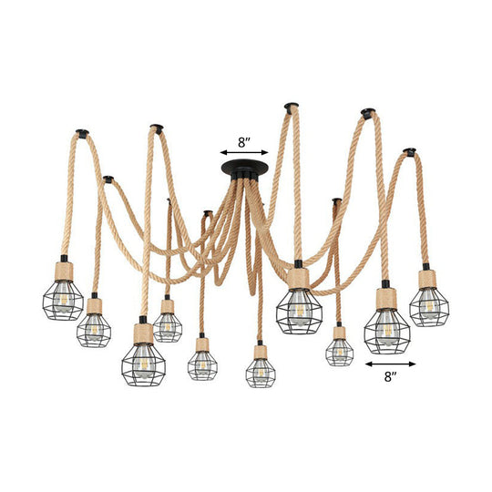 Rustic Rope Pendant Light With Spherical Cage - 6/10 Lights Brown Bistro Swag Lamp