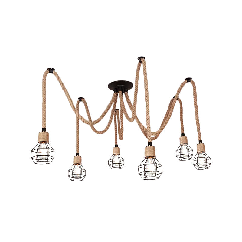 Rustic Rope Pendant Light With Spherical Cage - 6/10 Lights Brown Bistro Swag Lamp