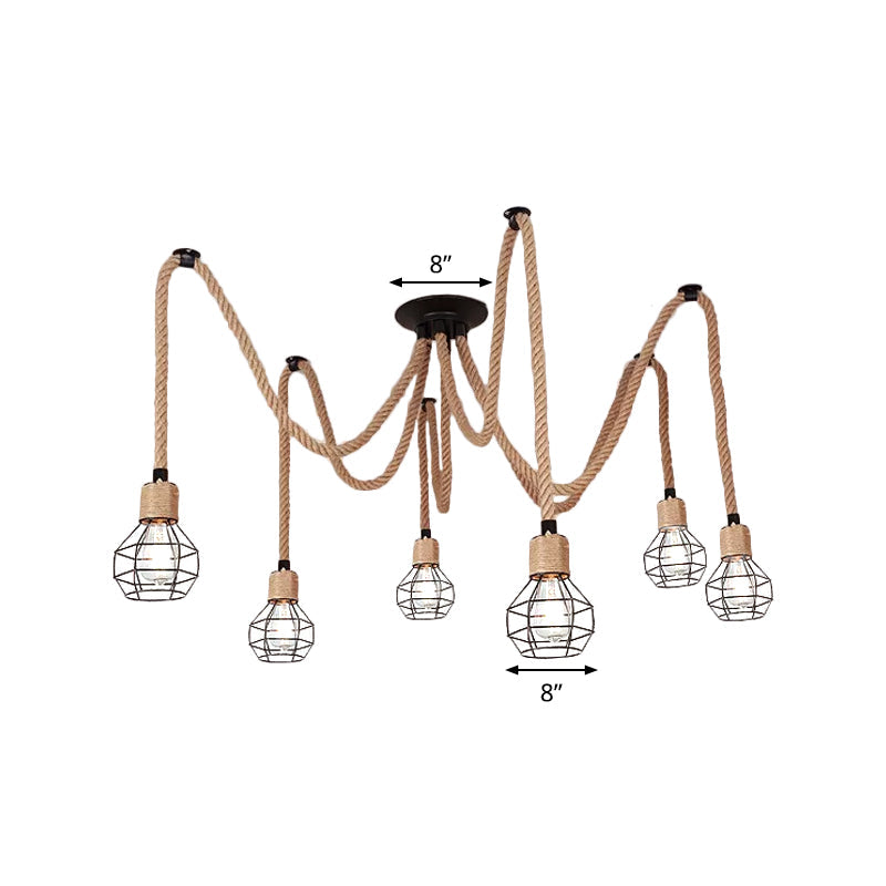 Rustic Rope Pendant Light With Spherical Cage - 6/10 Lights Brown Bistro Swag Lamp