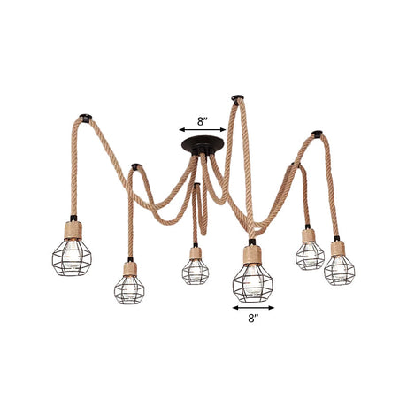 Rustic Rope Pendant Light With Spherical Cage Design - 6/10 Lights Brown Bistro Swag Lamp