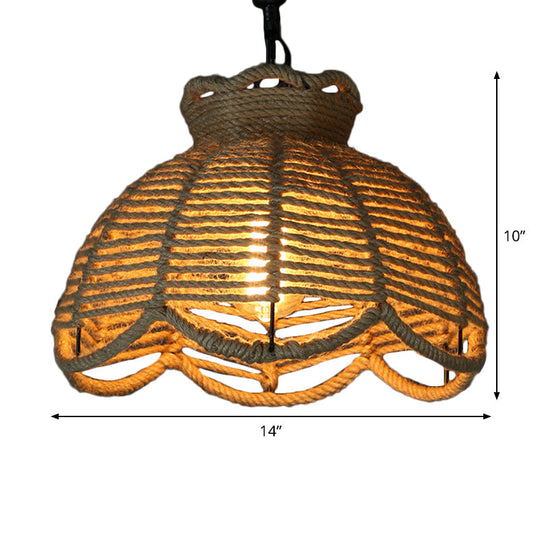 Rustic Scalloped Bowl Pendant Ceiling Lamp With Jute Rope Suspension - Wood Finish Ideal For Dining