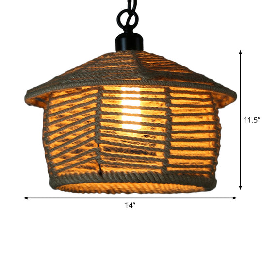 Rustic Scalloped Bowl Pendant Ceiling Lamp With Jute Rope Suspension - Wood Finish Ideal For Dining
