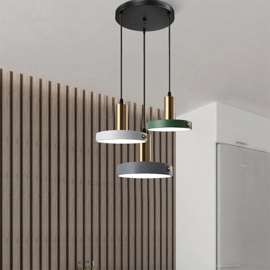 Nordic 3-Head Round Pendant Lamp In White/Grey/Green - Warm/White/3 Color Light