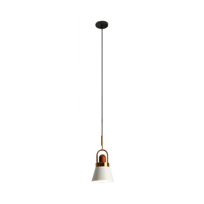 Tapered Shade Bedside Hanging Lamp - Single Macaron Pendant Light In Grey/White/Pink With Handle And
