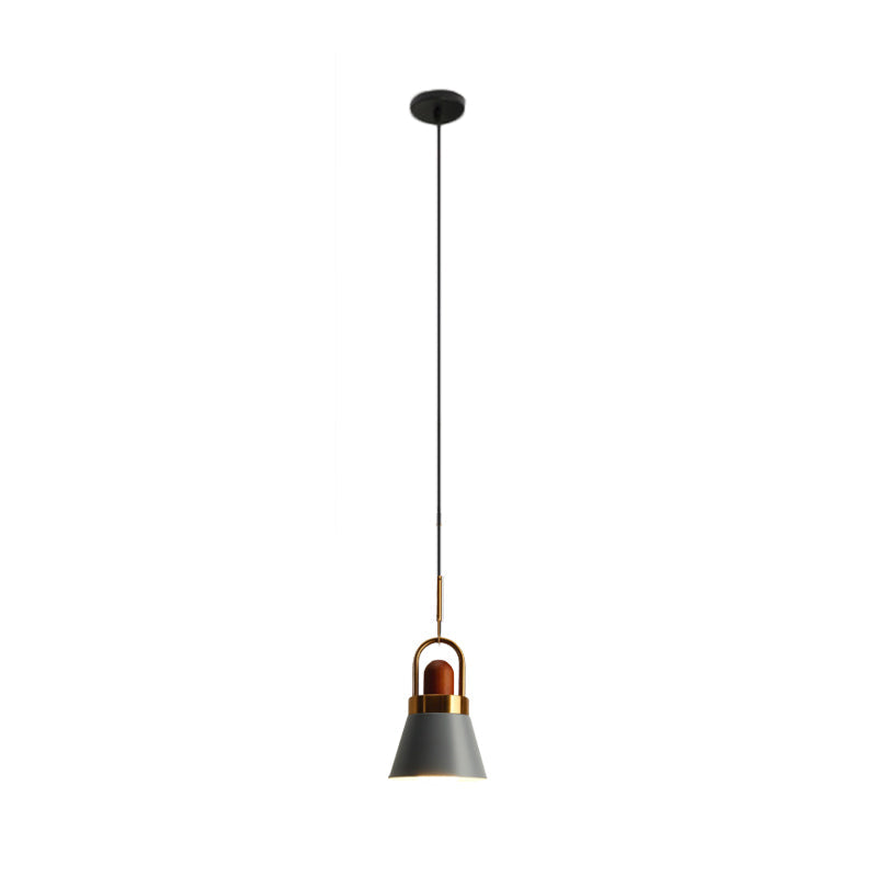 Tapered Shade Bedside Hanging Lamp - Single Macaron Pendant Light In Grey/White/Pink With Handle And