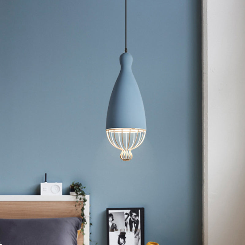 Macaron Inverted Balloon Pendant Light With Wire Cage And 1 Head In Grey/Pink/Blue Blue