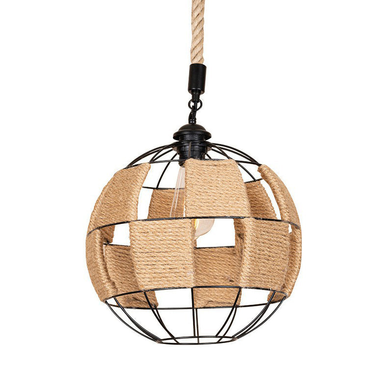 Hemp Rope Pendant Lamp - Cottage Brown Globe Ceiling Light Aisle Hanging Fixture