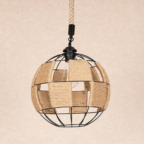 Cottage Style Brown Globe Hemp Rope Pendant Lamp - Aisle Ceiling Light