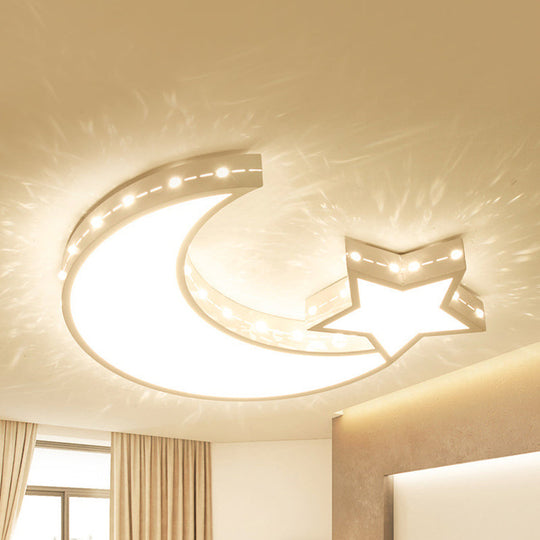 White Metal Hollow Star Crescent Flush Ceiling Light - Modern Led Fixture For Kid’s Bedroom