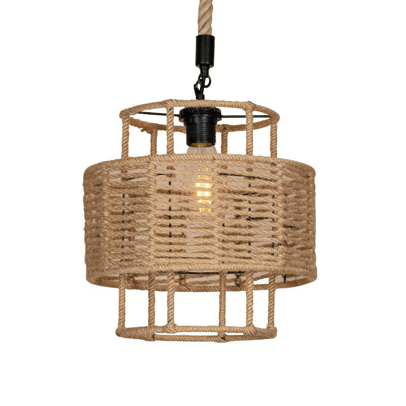 Rustic 2-Layered Cylinder Pendant Lamp With Rope And 1 Head For Living Room Ceiling In Brown
