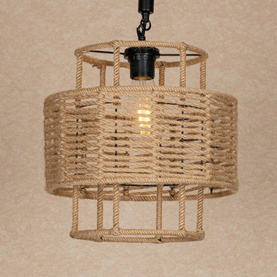 Rustic 2-Layered Cylinder Pendant Lamp With Rope And 1 Head For Living Room Ceiling In Brown