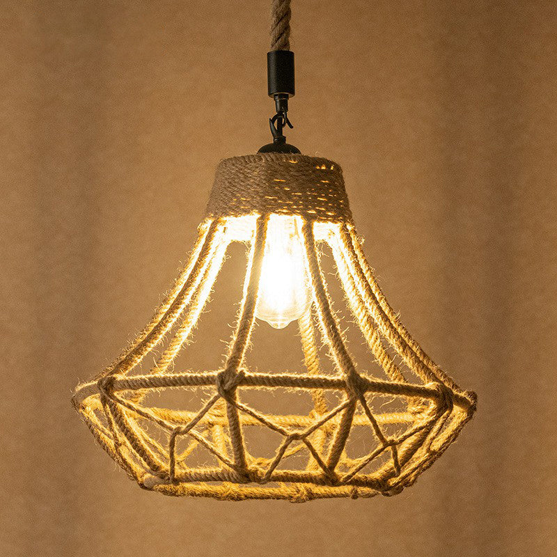 Lodge Diamond Pendant Ceiling Light In Brown - 1 Bulb Hemp Hanging For Cafes