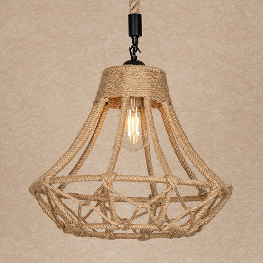 Lodge Diamond Pendant Ceiling Light In Brown - 1 Bulb Hemp Hanging For Cafes