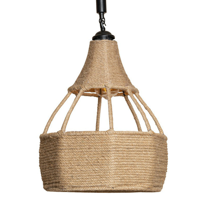 Farmhouse Brown Dining Table Pendant Light - Single Jute Rope Down Lighting With Pear Shape Design