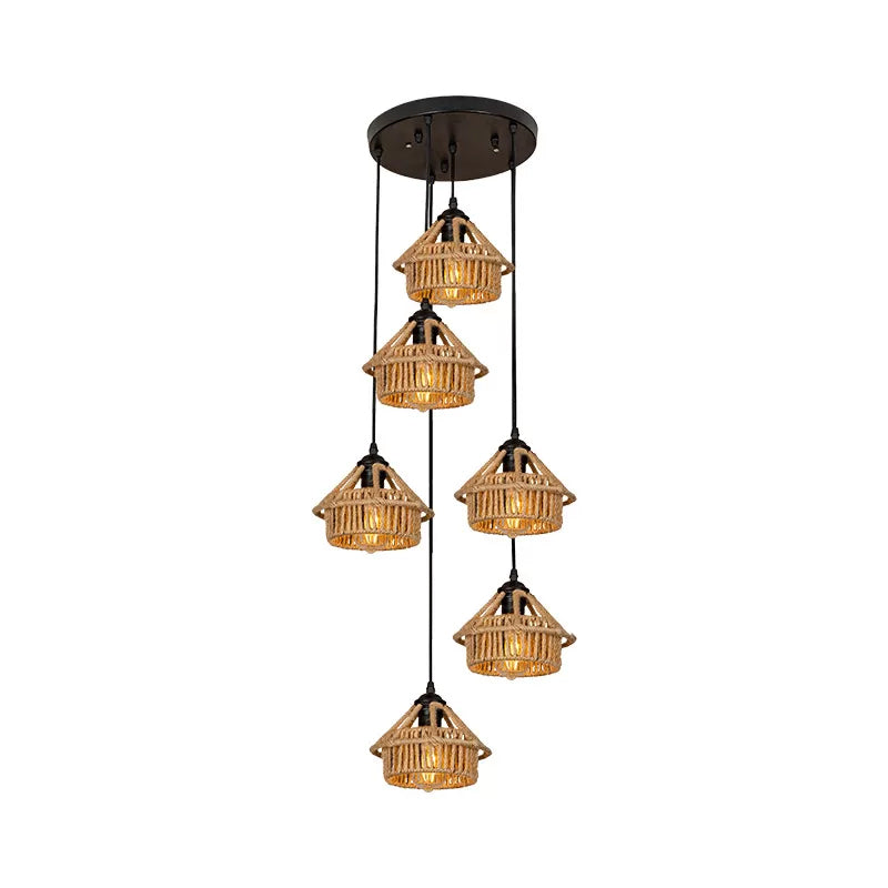 Handcrafted Cottage Brown Multi-Pendant Light Fixture With Rope Detail - Round/Linear Canopy (3/6