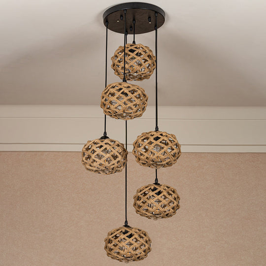 Rustic Oval Pendant Light With Cross-Woven Rope And Multiple Bulbs For Kitchen Or Bar Area