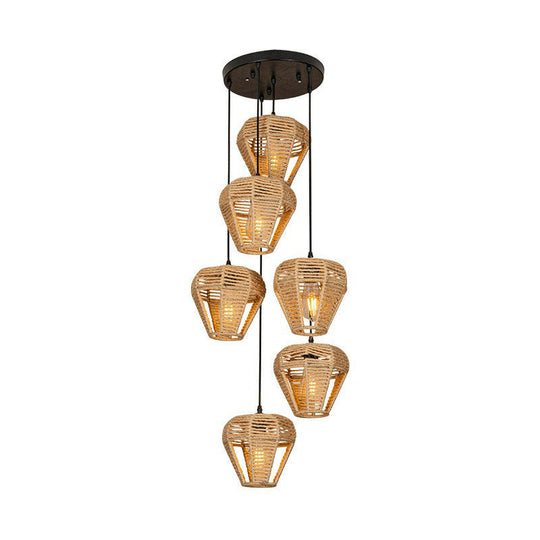 Rustic Brown Hemp Rope Pendant Light Fixture With Inverted Droplets - Multi-Light Option