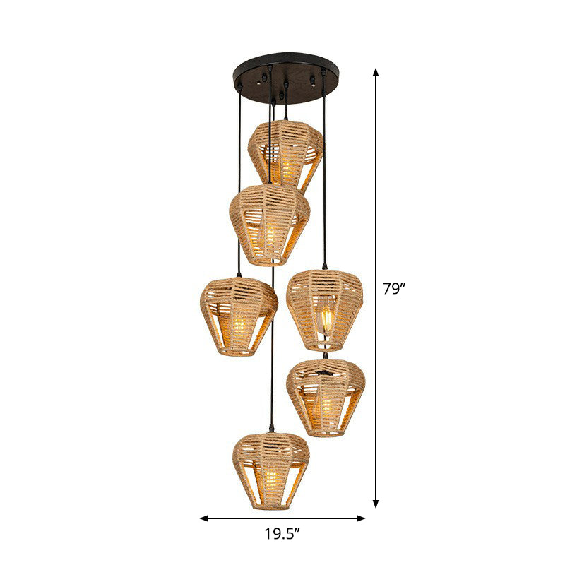 Rustic Brown Hemp Rope Pendant Light Fixture With Inverted Droplets - Multi-Light Option