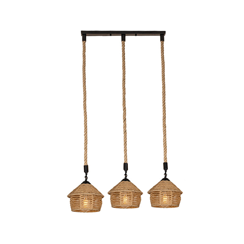 Rustic Brown Barn Pendant Lamp Cluster – Rural Rope Design 3/6 Lights Ceiling Suspension